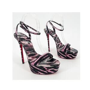 Christian Louboutin Loubi Queen Alta Pink Black Strass Platform Sandals EU 42